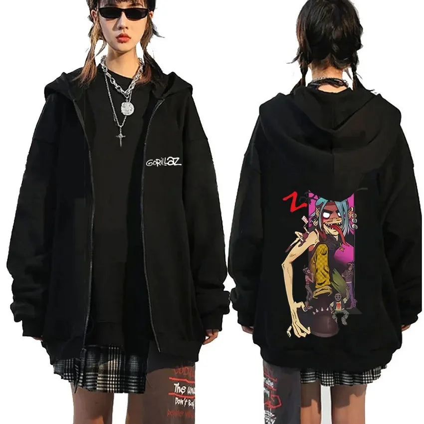 Rock Band Gorillaz Demon Days Eyes Graphic Zipper Hoodie Men Hip Hop Fashion Oversized Zip Up Jacket Unisex Zip Up Sweatshirt