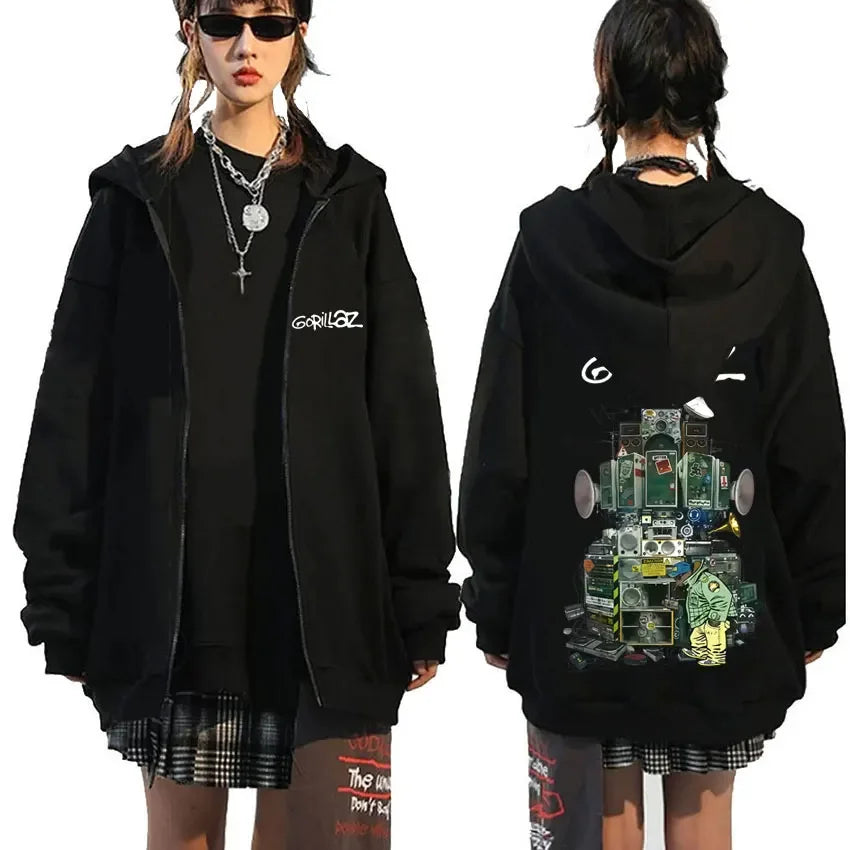 Rock Band Gorillaz Demon Days Eyes Graphic Zipper Hoodie Men Hip Hop Fashion Oversized Zip Up Jacket Unisex Zip Up Sweatshirt