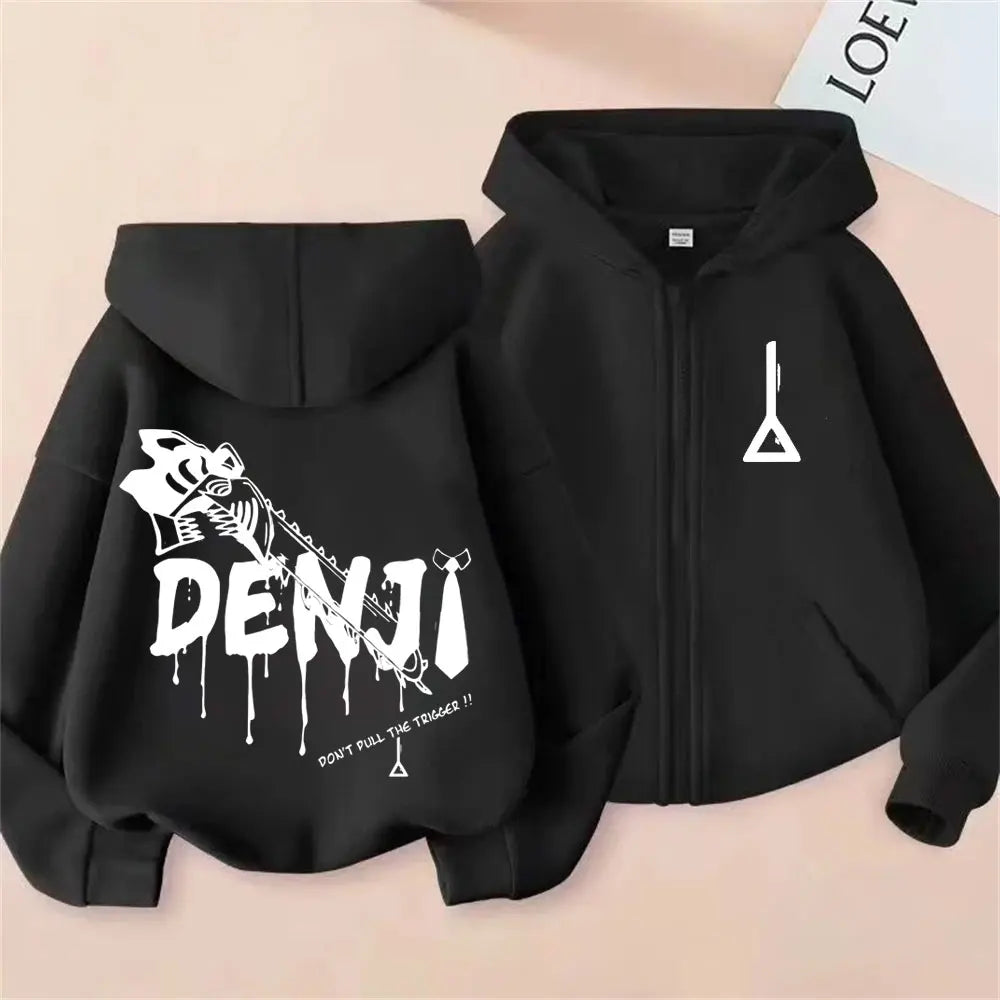 Anime Chainsaw Man Washed Retro Zipper Hoodie Cartoon Denji Pochita Funny Graphic Zip Up Jacket Men Women Manga Oversized Coat