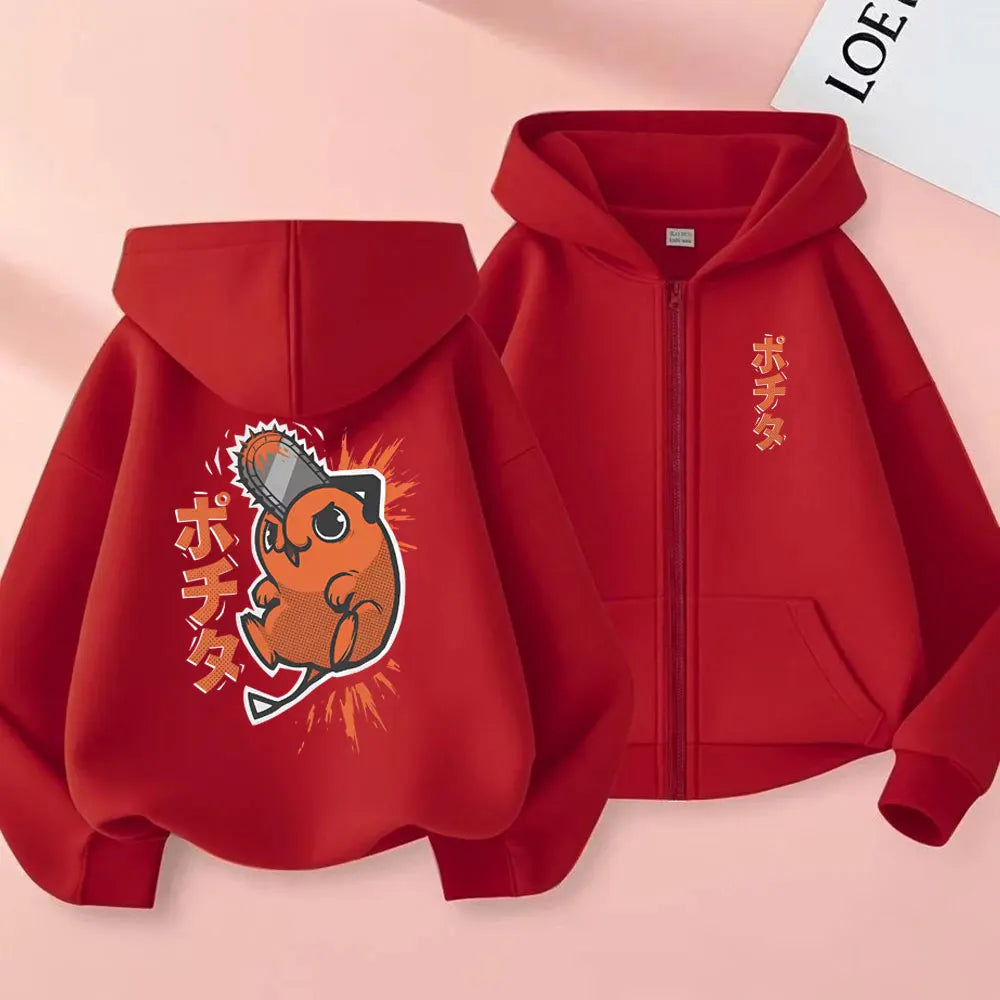 Anime Chainsaw Man Washed Retro Zipper Hoodie Cartoon Denji Pochita Funny Graphic Zip Up Jacket Men Women Manga Oversized Coat