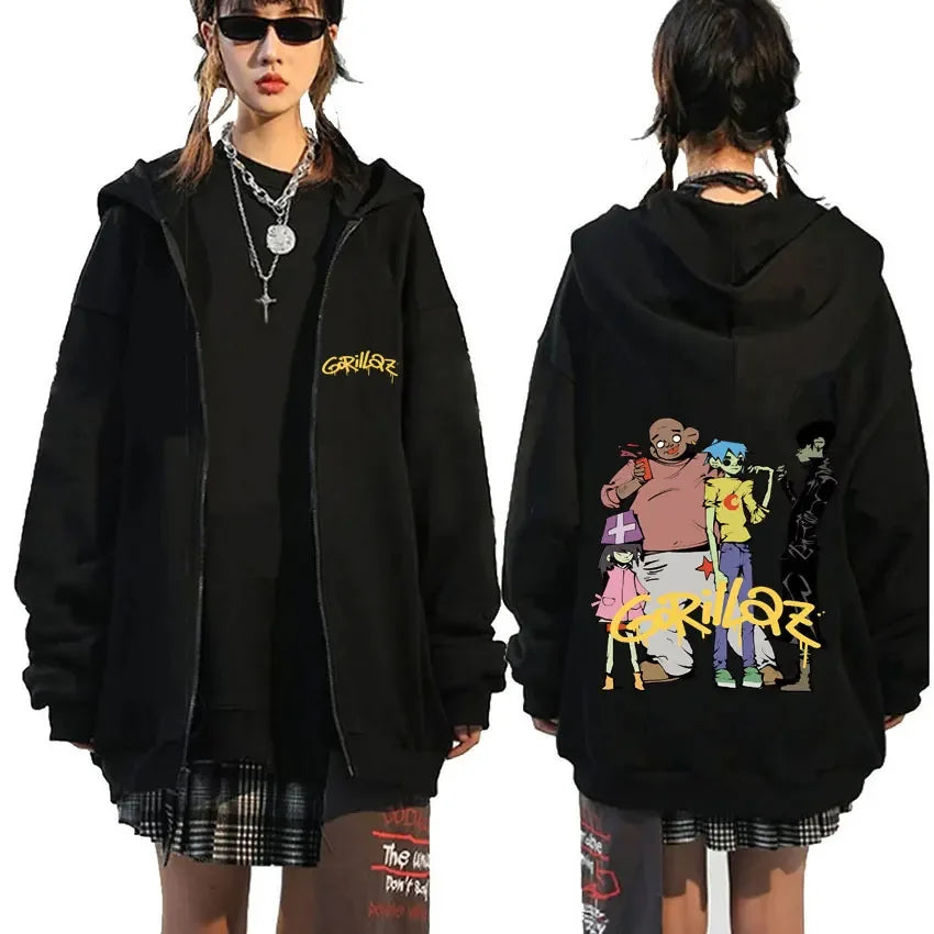 Rock Band Gorillaz Demon Days Eyes Graphic Zipper Hoodie Men Hip Hop Fashion Oversized Zip Up Jacket Unisex Zip Up Sweatshirt