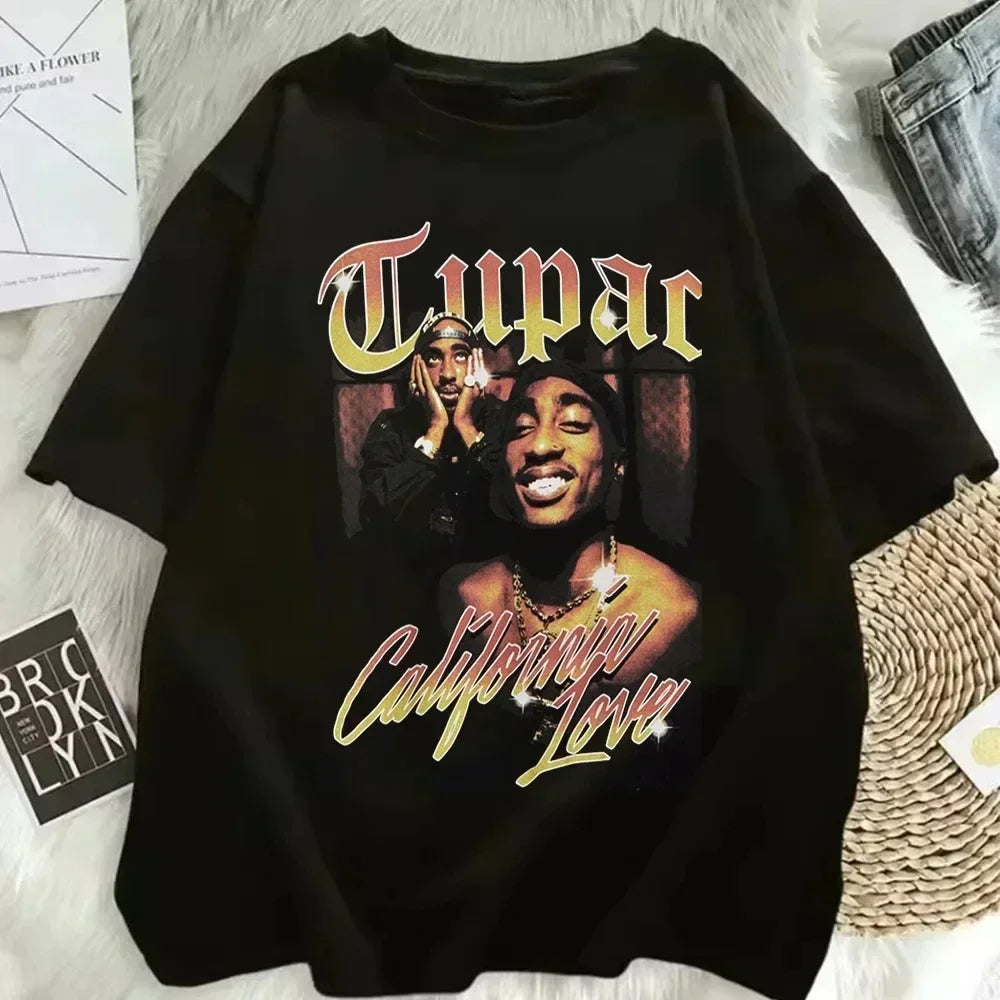 2026 Summer Fashion T-shirt Rapper Tupac Top Hip Hop Street Wear Oversized Short Sleeve T-shirt Men's And Women's T-shirts