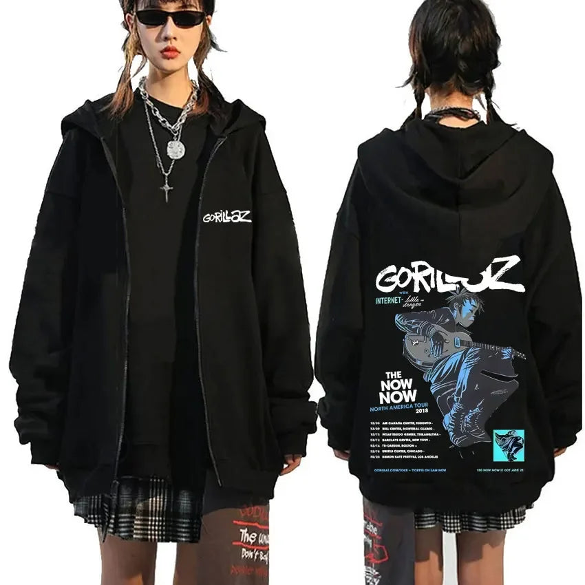 Rock Band Gorillaz Demon Days Eyes Graphic Zipper Hoodie Men Hip Hop Fashion Oversized Zip Up Jacket Unisex Zip Up Sweatshirt