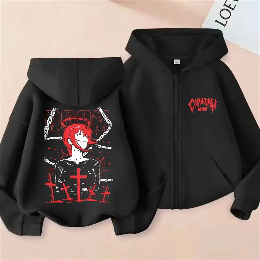 Anime Chainsaw Man Washed Retro Zipper Hoodie Cartoon Denji Pochita Funny Graphic Zip Up Jacket Men Women Manga Oversized Coat
