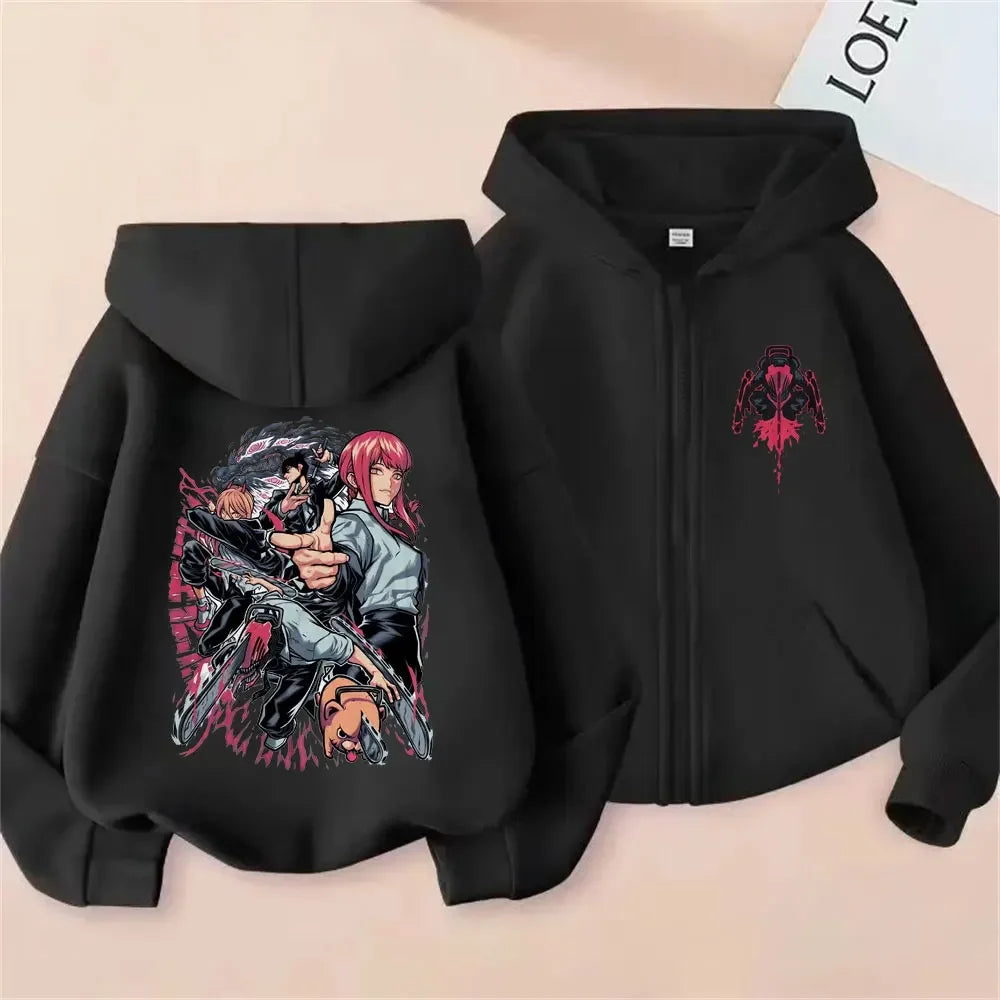 Anime Chainsaw Man Washed Retro Zipper Hoodie Cartoon Denji Pochita Funny Graphic Zip Up Jacket Men Women Manga Oversized Coat