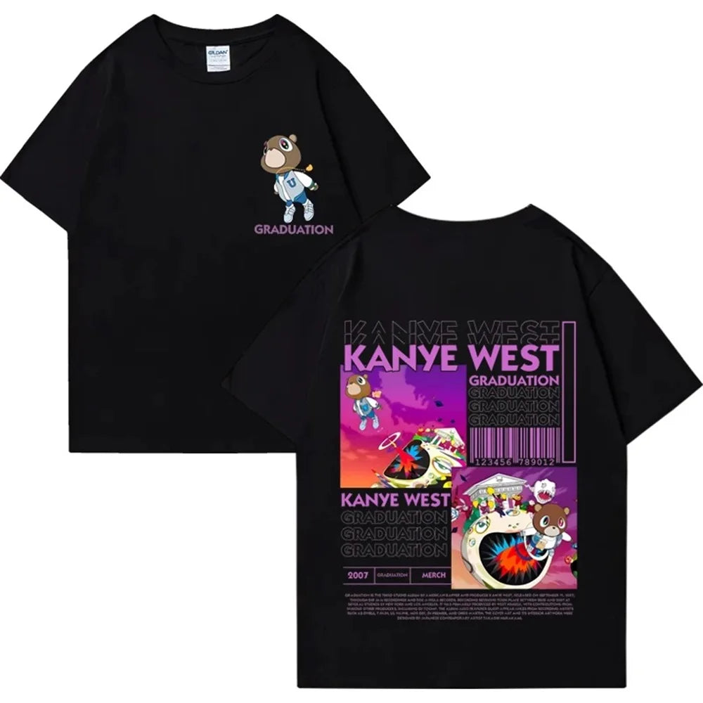 Kanye West Graduation Bear Double Sided Printed T-Shirt Men's Women's Fashion Hip Hop Cool Top Unisex Cotton T-Shirt 01336