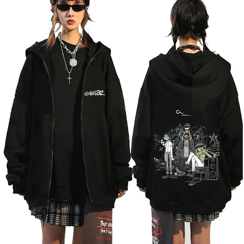 Rock Band Gorillaz Demon Days Eyes Graphic Zipper Hoodie Men Hip Hop Fashion Oversized Zip Up Jacket Unisex Zip Up Sweatshirt