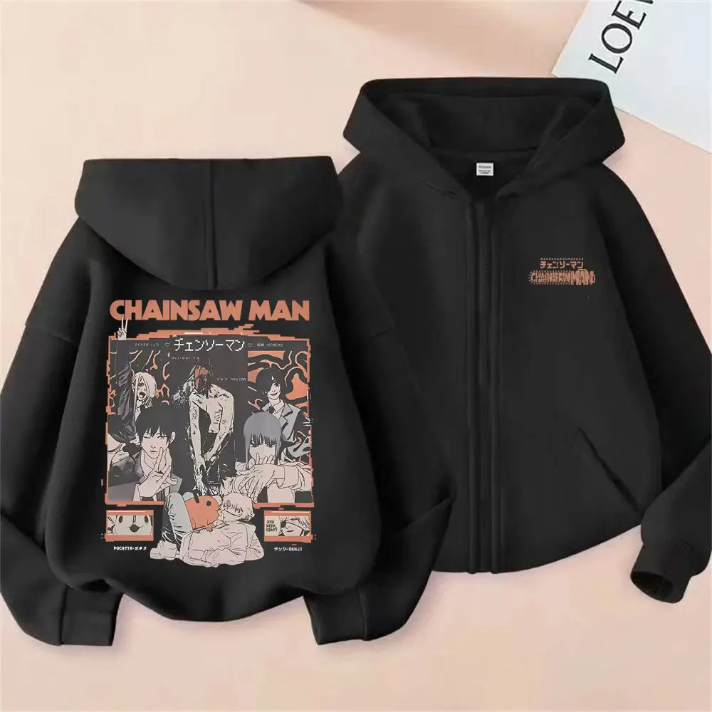 Anime Chainsaw Man Washed Retro Zipper Hoodie Cartoon Denji Pochita Funny Graphic Zip Up Jacket Men Women Manga Oversized Coat