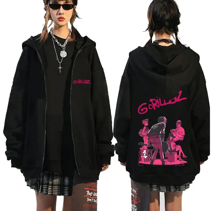 Rock Band Gorillaz Demon Days Eyes Graphic Zipper Hoodie Men Hip Hop Fashion Oversized Zip Up Jacket Unisex Zip Up Sweatshirt