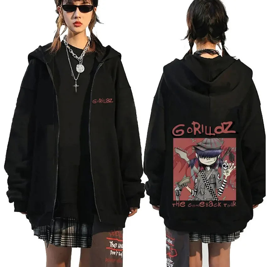 Rock Band Gorillaz Demon Days Eyes Graphic Zipper Hoodie Men Hip Hop Fashion Oversized Zip Up Jacket Unisex Zip Up Sweatshirt