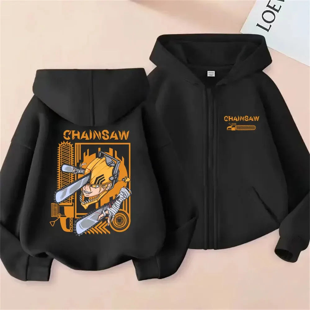Anime Chainsaw Man Washed Retro Zipper Hoodie Cartoon Denji Pochita Funny Graphic Zip Up Jacket Men Women Manga Oversized Coat