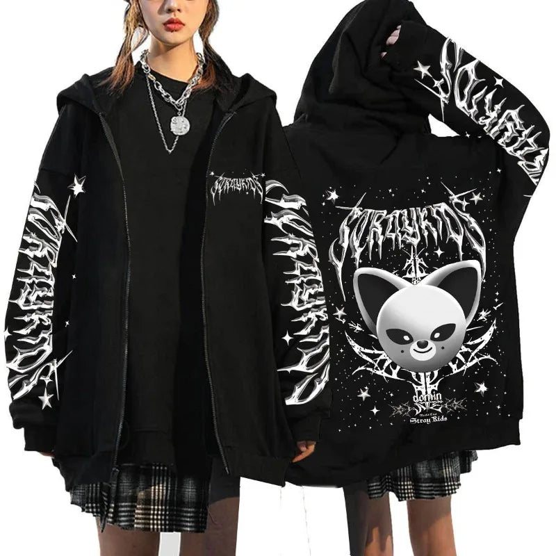 New Style SKZOO Stray Kids Cute Cartoon Surrounding Harajuku Printed Hoodie Loose-fitting Zip-up Hoodie Christmas Birthday Gifts