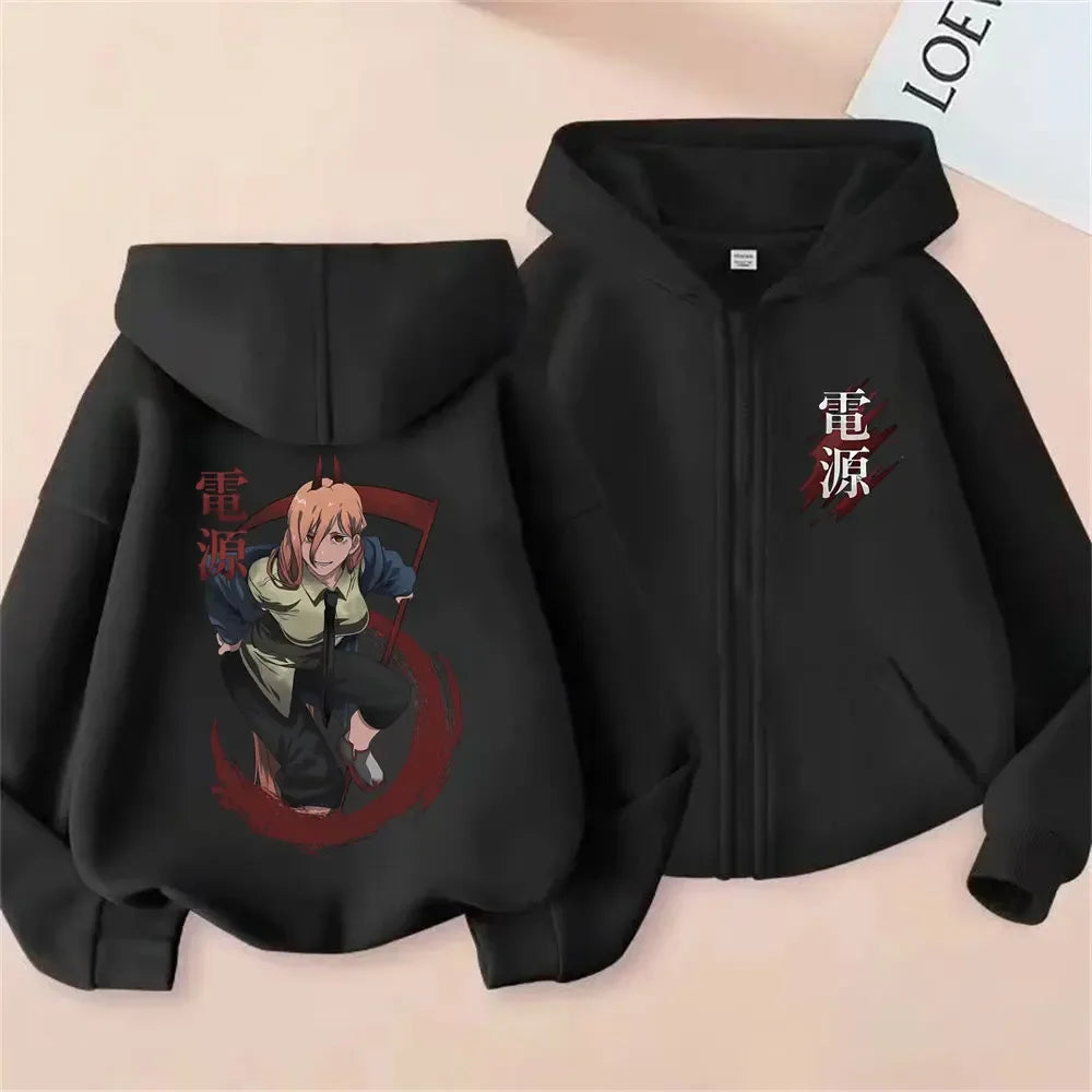 Anime Chainsaw Man Washed Retro Zipper Hoodie Cartoon Denji Pochita Funny Graphic Zip Up Jacket Men Women Manga Oversized Coat