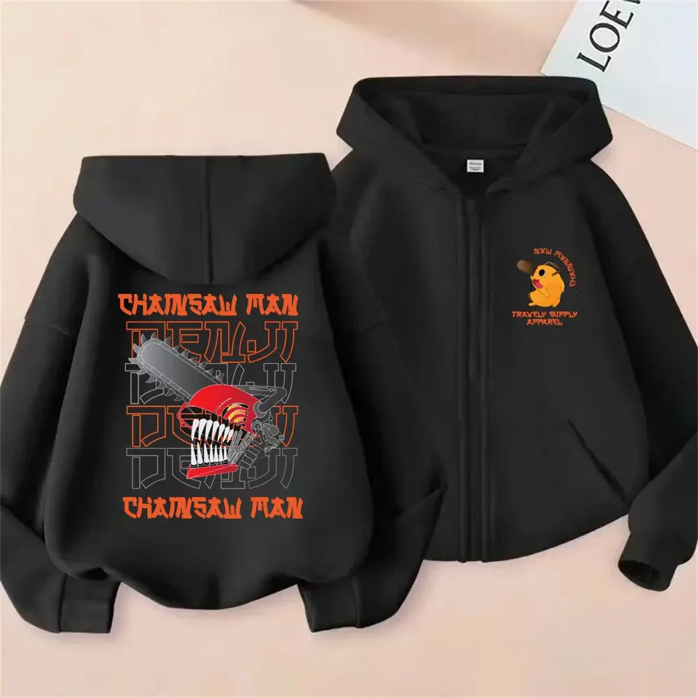 Anime Chainsaw Man Washed Retro Zipper Hoodie Cartoon Denji Pochita Funny Graphic Zip Up Jacket Men Women Manga Oversized Coat