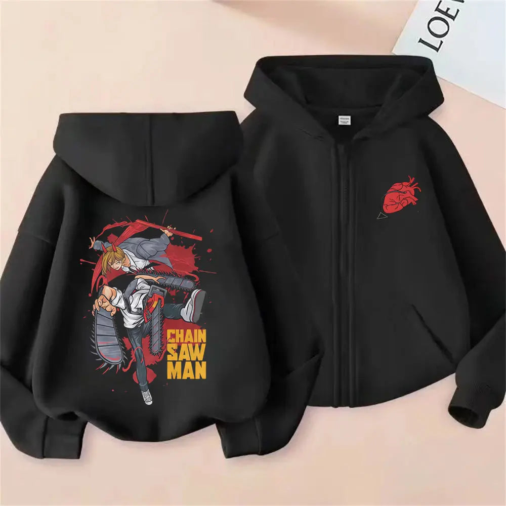 Anime Chainsaw Man Washed Retro Zipper Hoodie Cartoon Denji Pochita Funny Graphic Zip Up Jacket Men Women Manga Oversized Coat