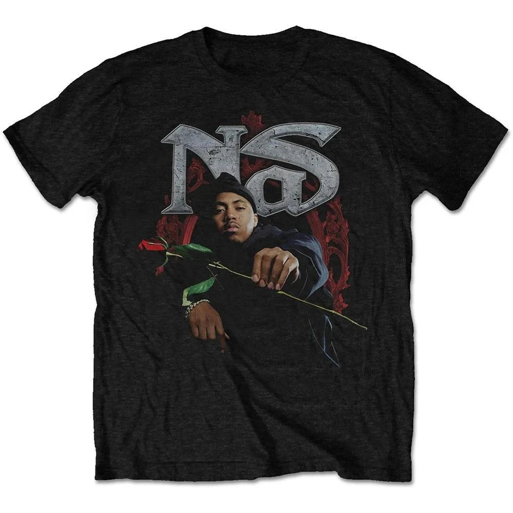 Nas Rose Portrait Metal Logo Print Cotton T-Shirt East Coast Rap Legend Unisex Short Sleeve Tee