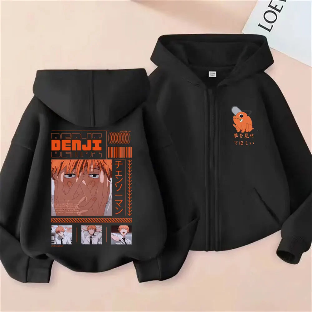 Anime Chainsaw Man Washed Retro Zipper Hoodie Cartoon Denji Pochita Funny Graphic Zip Up Jacket Men Women Manga Oversized Coat