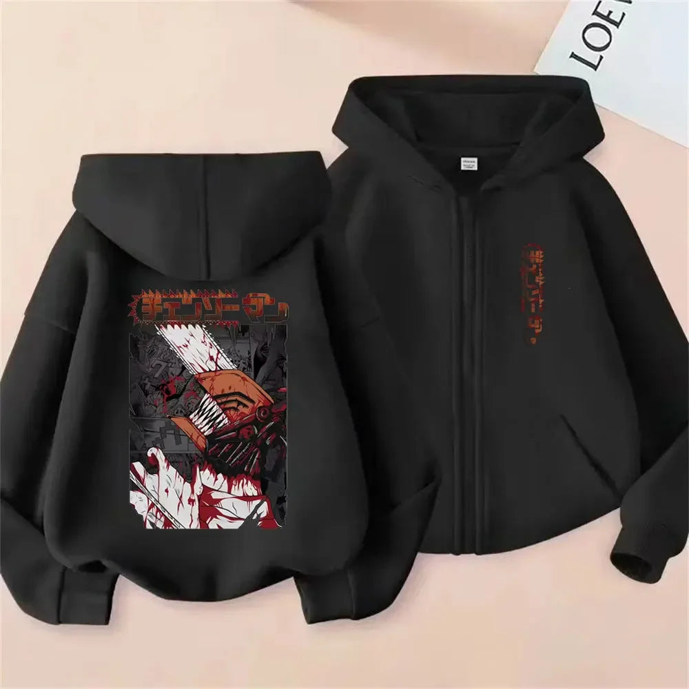 Anime Chainsaw Man Washed Retro Zipper Hoodie Cartoon Denji Pochita Funny Graphic Zip Up Jacket Men Women Manga Oversized Coat