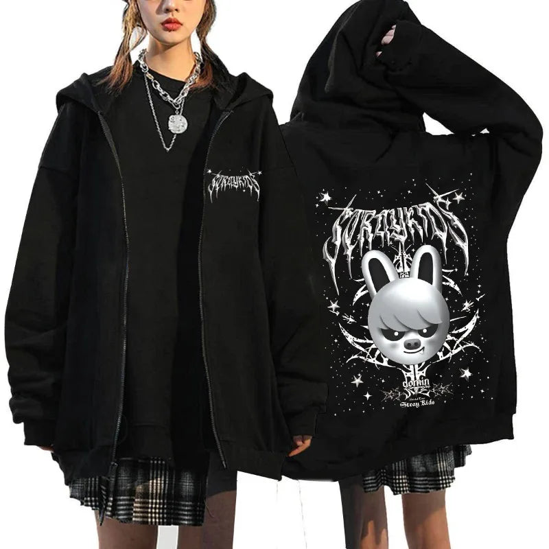 New Style SKZOO Stray Kids Cute Cartoon Surrounding Harajuku Printed Hoodie Loose-fitting Zip-up Hoodie Christmas Birthday Gifts