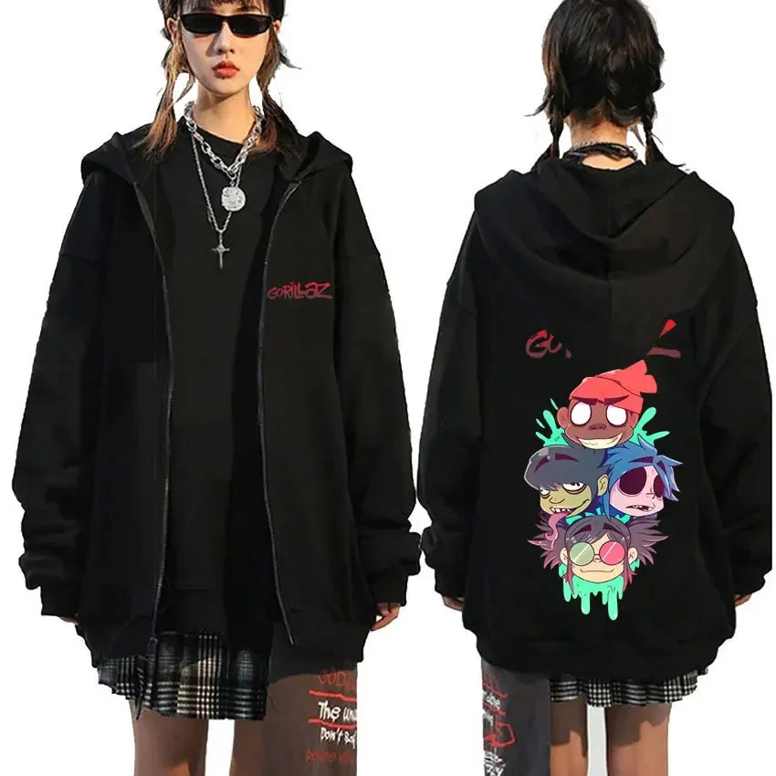 Rock Band Gorillaz Demon Days Eyes Graphic Zipper Hoodie Men Hip Hop Fashion Oversized Zip Up Jacket Unisex Zip Up Sweatshirt