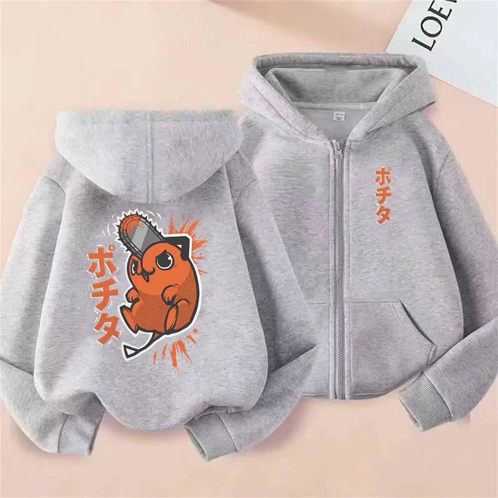 Anime Chainsaw Man Washed Retro Zipper Hoodie Cartoon Denji Pochita Funny Graphic Zip Up Jacket Men Women Manga Oversized Coat