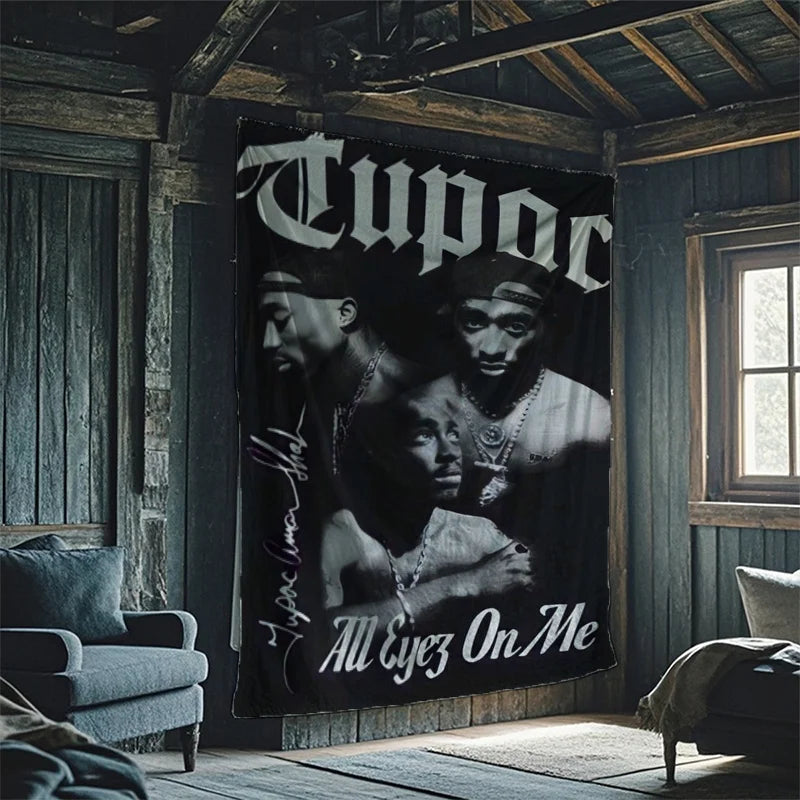 Tupac Tribute Tapestry with Iconic "All Eyez on Me" Design, Perfect for Fans and Ideal for Adding a Touch of Hip-Hop History