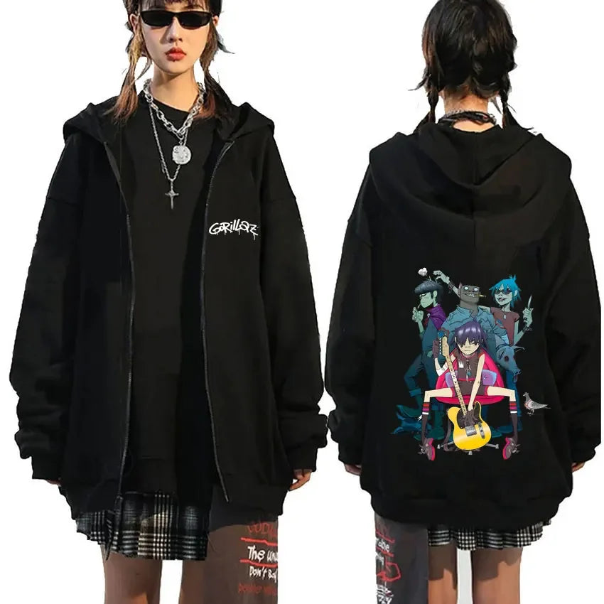 Rock Band Gorillaz Demon Days Eyes Graphic Zipper Hoodie Men Hip Hop Fashion Oversized Zip Up Jacket Unisex Zip Up Sweatshirt