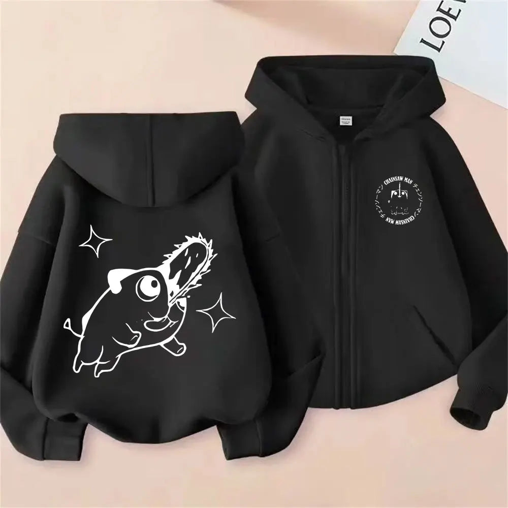 Anime Chainsaw Man Washed Retro Zipper Hoodie Cartoon Denji Pochita Funny Graphic Zip Up Jacket Men Women Manga Oversized Coat