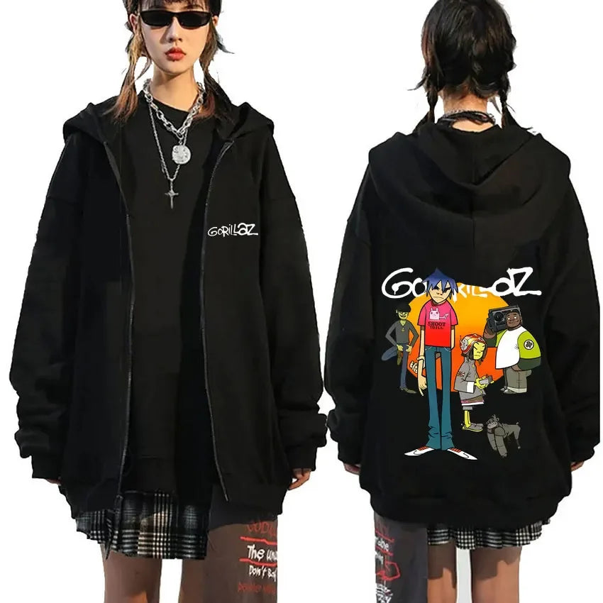 Rock Band Gorillaz Demon Days Eyes Graphic Zipper Hoodie Men Hip Hop Fashion Oversized Zip Up Jacket Unisex Zip Up Sweatshirt