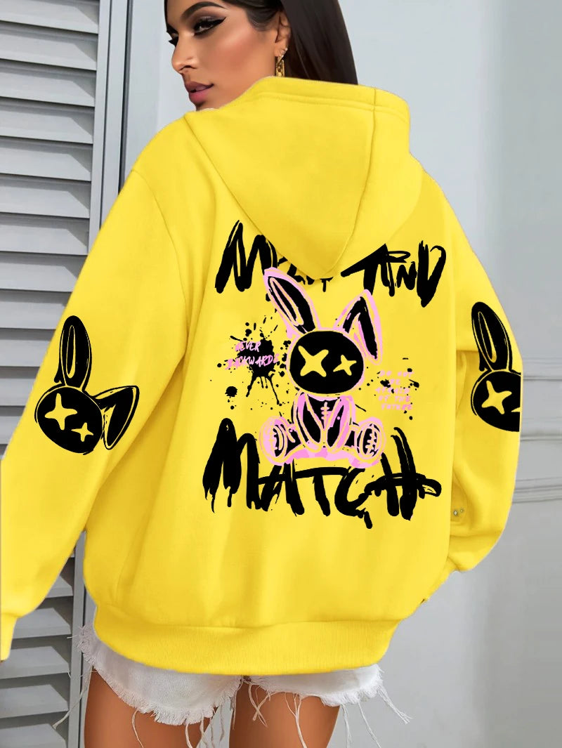 Mix And Match Cartoon Rabbit Prints Women Hoodie Pocket Streetwear Harajuku Loose Hoody All-Match Fleece Female Clothing