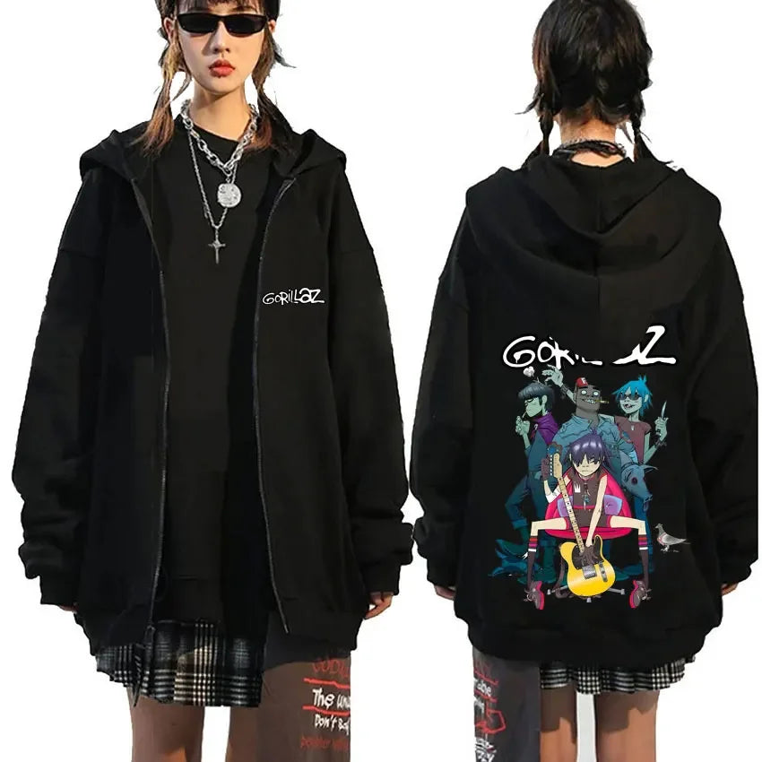 Rock Band Gorillaz Demon Days Eyes Graphic Zipper Hoodie Men Hip Hop Fashion Oversized Zip Up Jacket Unisex Zip Up Sweatshirt