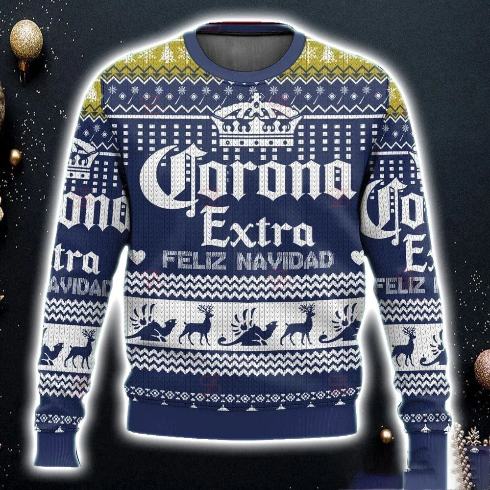 2025 New CORONA EXTRA Christmas Gift Ugly Sweater Hot Selling Merry Christmas Fashion 3D Printed Oversized O-neck Pullover shirt