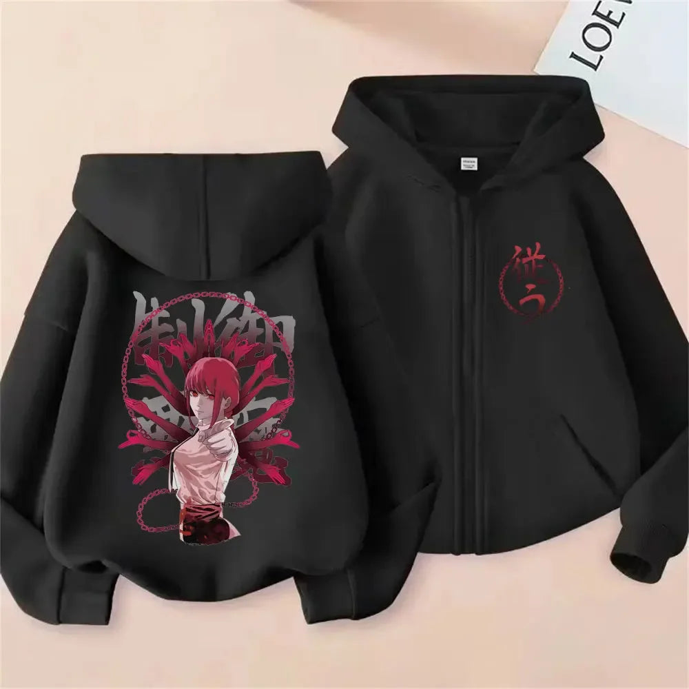 Anime Chainsaw Man Washed Retro Zipper Hoodie Cartoon Denji Pochita Funny Graphic Zip Up Jacket Men Women Manga Oversized Coat