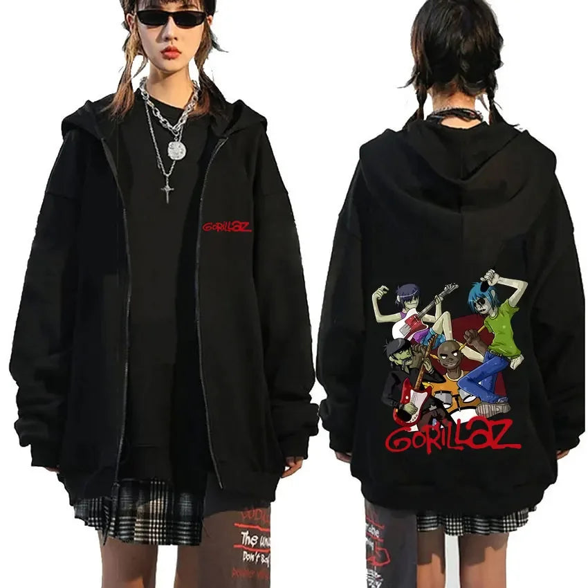 Rock Band Gorillaz Demon Days Eyes Graphic Zipper Hoodie Men Hip Hop Fashion Oversized Zip Up Jacket Unisex Zip Up Sweatshirt
