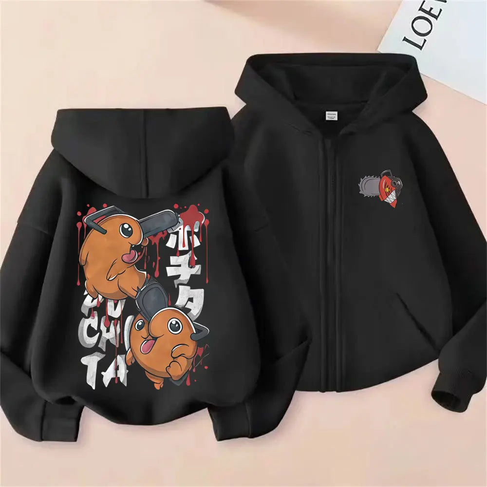 Anime Chainsaw Man Washed Retro Zipper Hoodie Cartoon Denji Pochita Funny Graphic Zip Up Jacket Men Women Manga Oversized Coat