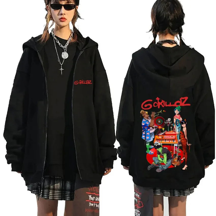 Rock Band Gorillaz Demon Days Eyes Graphic Zipper Hoodie Men Hip Hop Fashion Oversized Zip Up Jacket Unisex Zip Up Sweatshirt