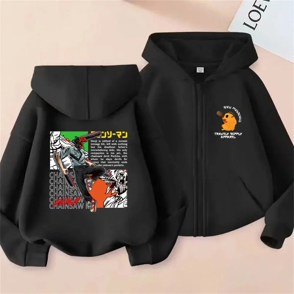 Anime Chainsaw Man Washed Retro Zipper Hoodie Cartoon Denji Pochita Funny Graphic Zip Up Jacket Men Women Manga Oversized Coat