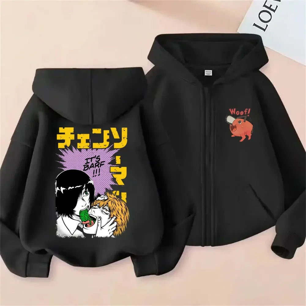 Anime Chainsaw Man Washed Retro Zipper Hoodie Cartoon Denji Pochita Funny Graphic Zip Up Jacket Men Women Manga Oversized Coat
