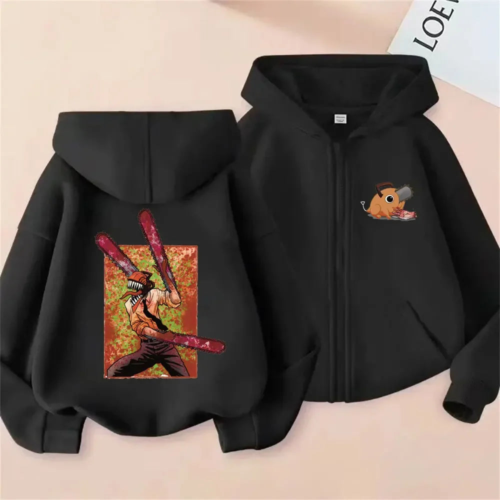 Anime Chainsaw Man Washed Retro Zipper Hoodie Cartoon Denji Pochita Funny Graphic Zip Up Jacket Men Women Manga Oversized Coat