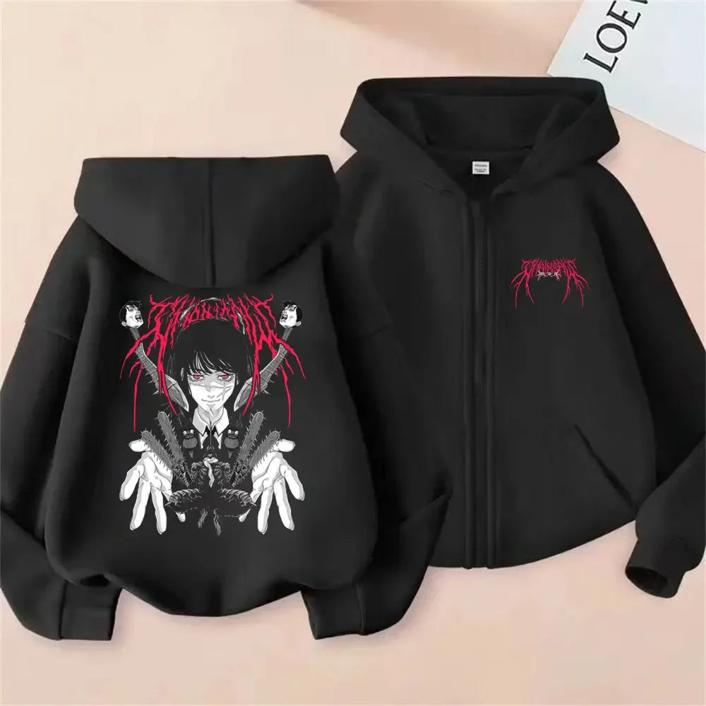 Anime Chainsaw Man Washed Retro Zipper Hoodie Cartoon Denji Pochita Funny Graphic Zip Up Jacket Men Women Manga Oversized Coat