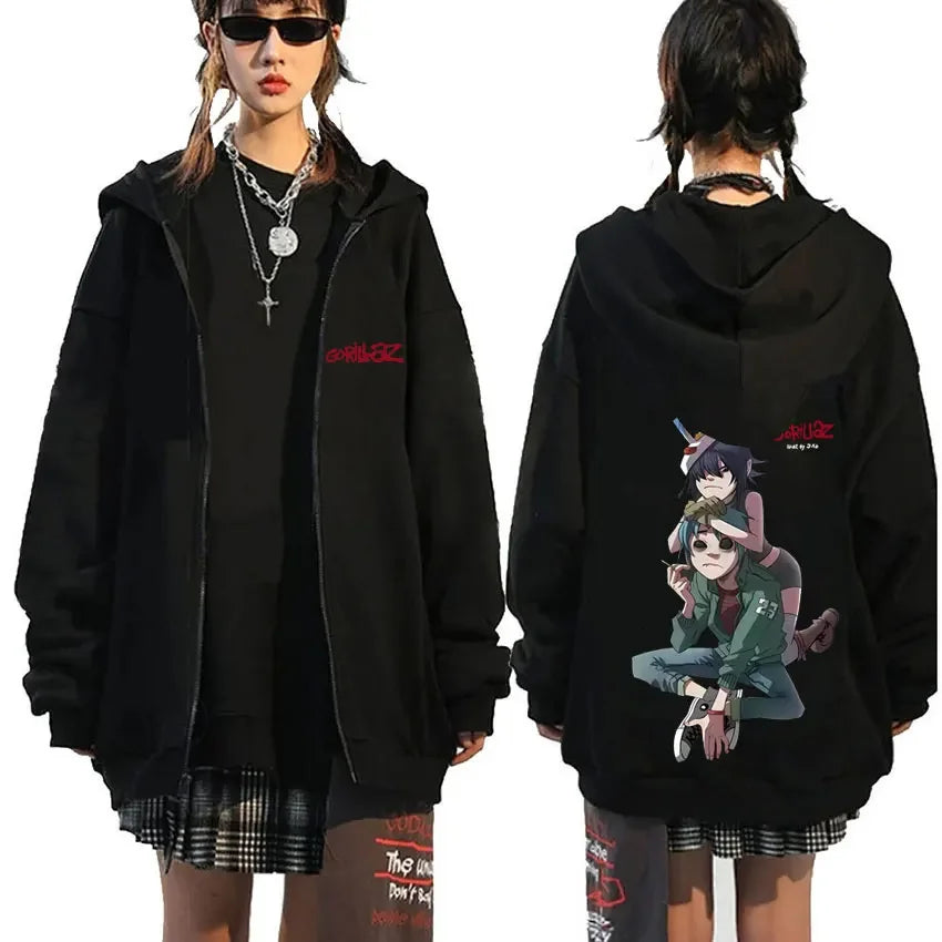 Rock Band Gorillaz Demon Days Eyes Graphic Zipper Hoodie Men Hip Hop Fashion Oversized Zip Up Jacket Unisex Zip Up Sweatshirt