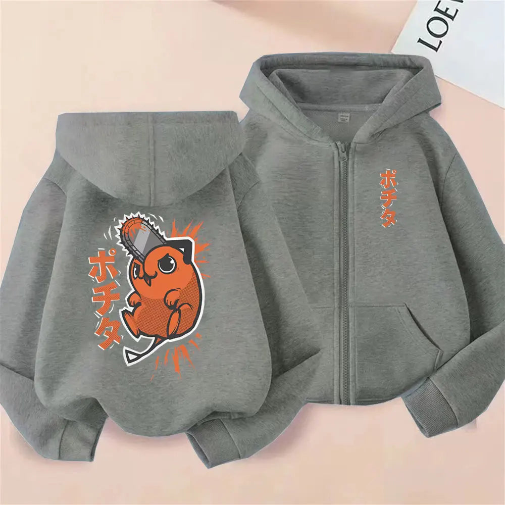 Anime Chainsaw Man Washed Retro Zipper Hoodie Cartoon Denji Pochita Funny Graphic Zip Up Jacket Men Women Manga Oversized Coat