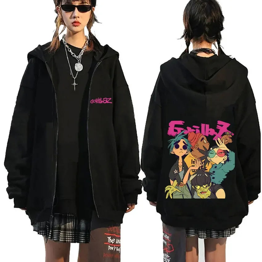 Rock Band Gorillaz Demon Days Eyes Graphic Zipper Hoodie Men Hip Hop Fashion Oversized Zip Up Jacket Unisex Zip Up Sweatshirt