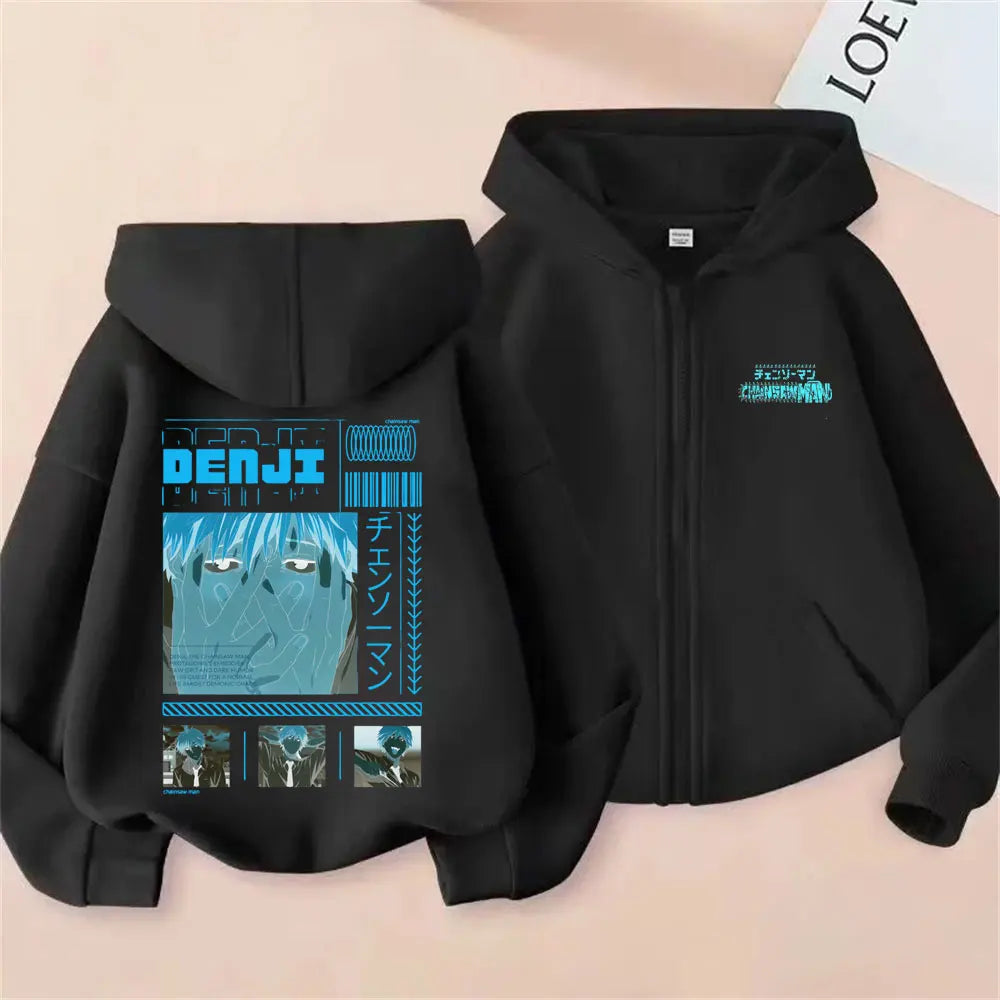 Anime Chainsaw Man Washed Retro Zipper Hoodie Cartoon Denji Pochita Funny Graphic Zip Up Jacket Men Women Manga Oversized Coat