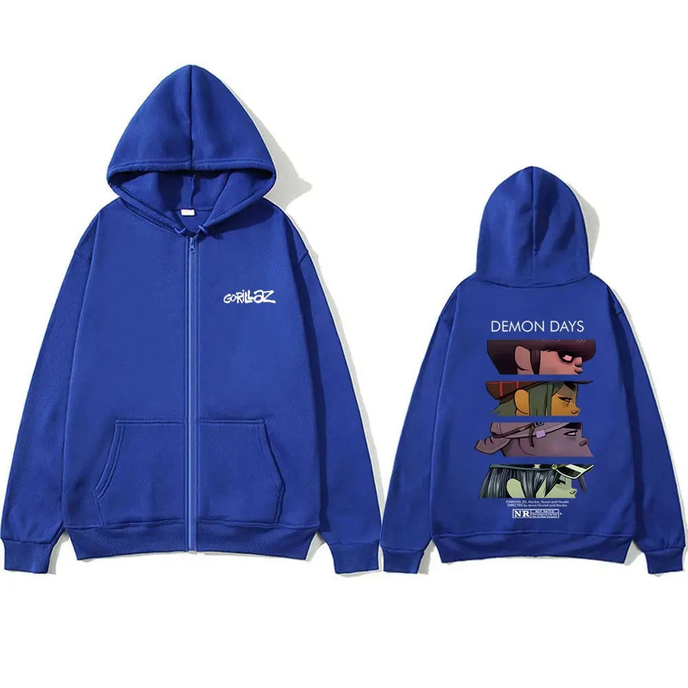 Rock Band Gorillaz Demon Days Eyes Graphic Zipper Hoodie Men Hip Hop Fashion Oversized Zip Up Jacket Unisex Zip Up Sweatshirt
