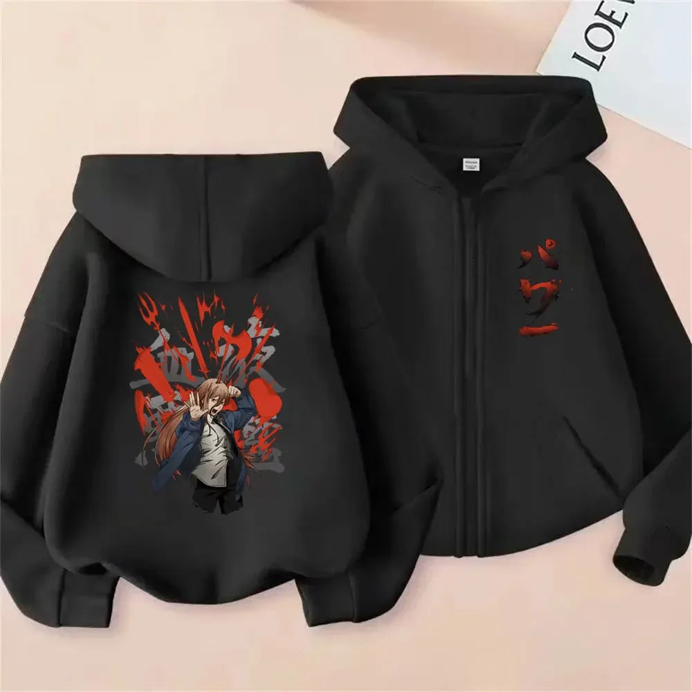 Anime Chainsaw Man Washed Retro Zipper Hoodie Cartoon Denji Pochita Funny Graphic Zip Up Jacket Men Women Manga Oversized Coat