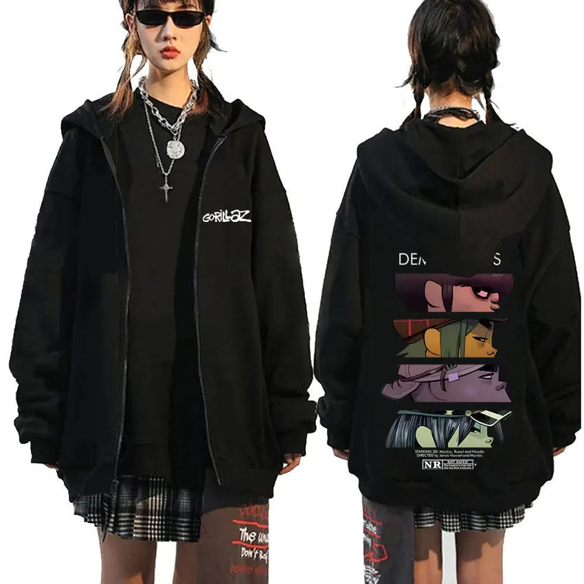Rock Band Gorillaz Demon Days Eyes Graphic Zipper Hoodie Men Hip Hop Fashion Oversized Zip Up Jacket Unisex Zip Up Sweatshirt