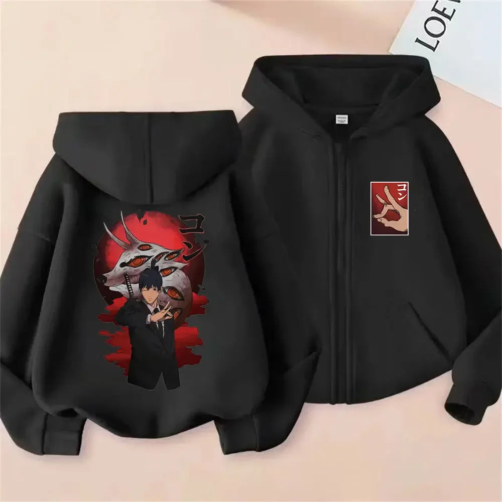 Anime Chainsaw Man Washed Retro Zipper Hoodie Cartoon Denji Pochita Funny Graphic Zip Up Jacket Men Women Manga Oversized Coat