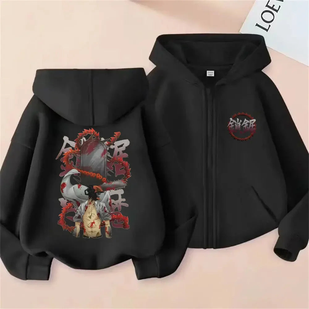 Anime Chainsaw Man Washed Retro Zipper Hoodie Cartoon Denji Pochita Funny Graphic Zip Up Jacket Men Women Manga Oversized Coat
