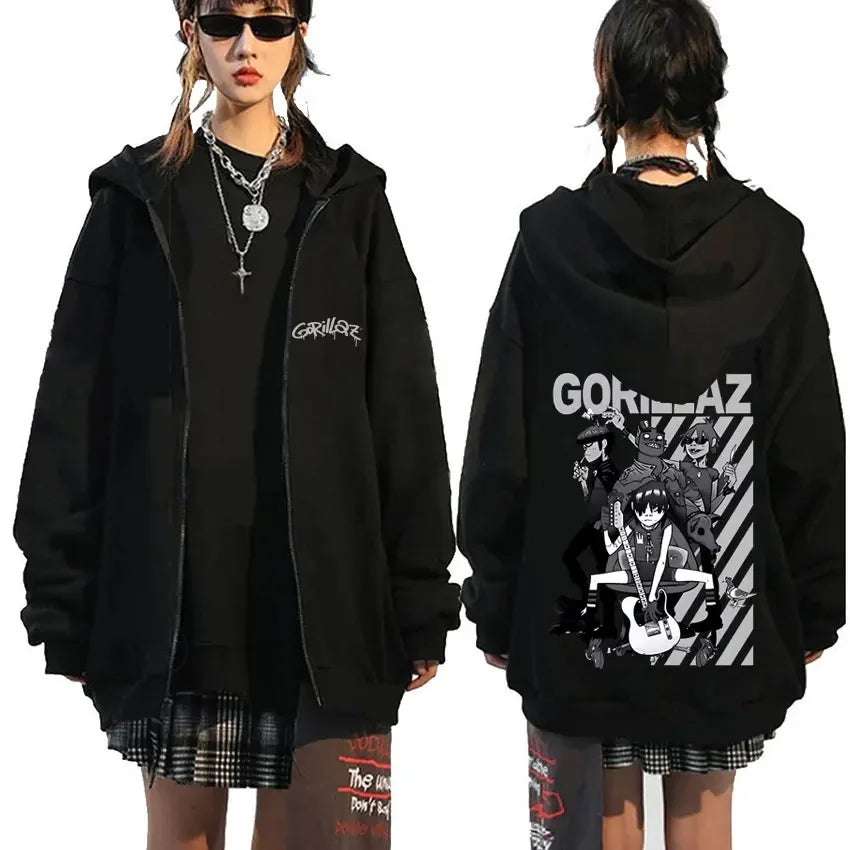Rock Band Gorillaz Demon Days Eyes Graphic Zipper Hoodie Men Hip Hop Fashion Oversized Zip Up Jacket Unisex Zip Up Sweatshirt
